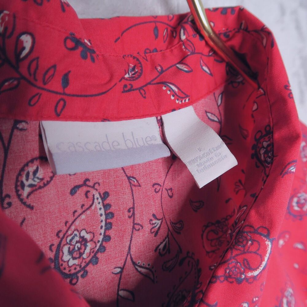CASCADE BLUE Red Paisley Print Sleeveless Shirt Size L Collared Bandana Country - Picture 7 of 8